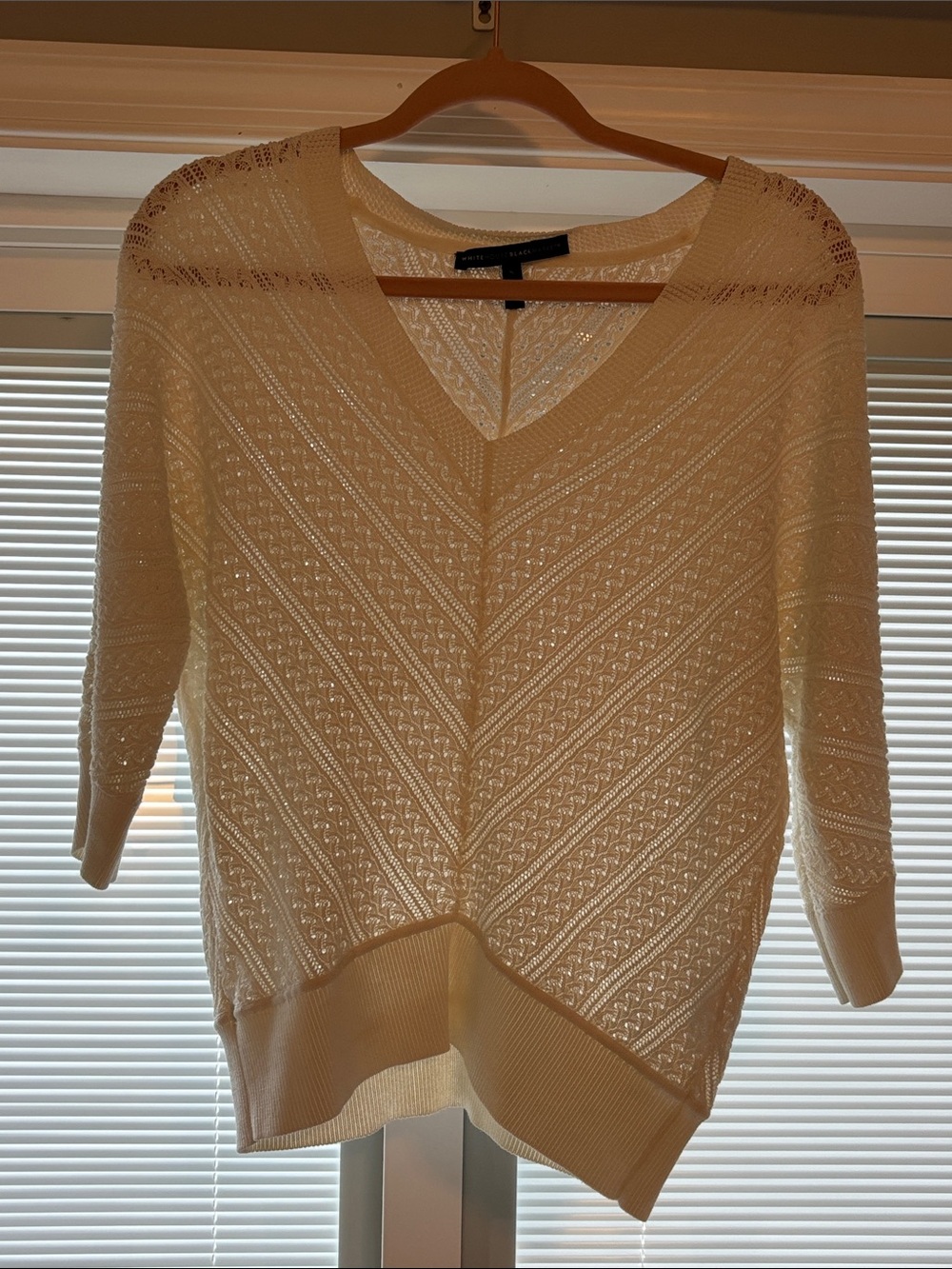 White House Black Market White V-Neck Chevron Knit Sweater